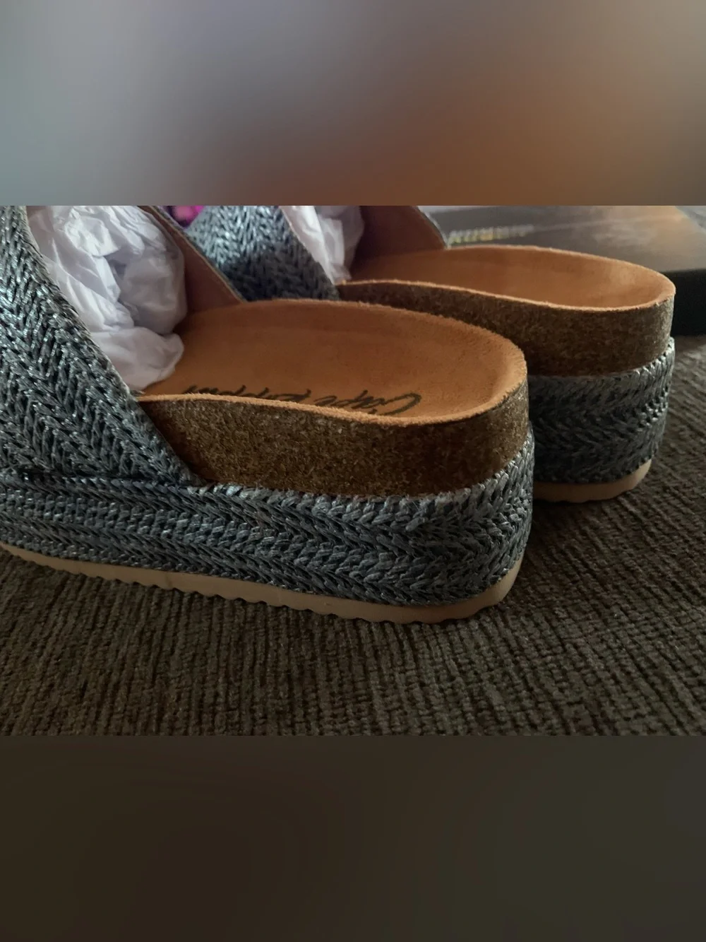 Cape Robbin woven platform slides featuring a textured silver upper